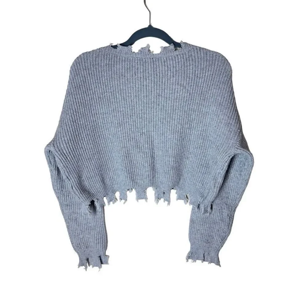 Aria Clothing Cropped Distressed Hem Sweater in Grey Ribbing S